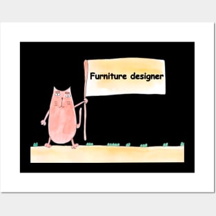 Furniture designer. Profession, work, job. Cat shows a banner with the inscription. Watercolor illustration. A gift for a professional. Posters and Art